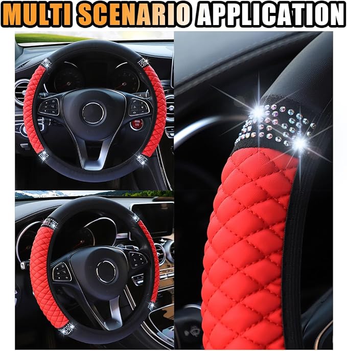 JOYCOURT 15 Inch Bling Soft Leather Car Steering Wheel Cover, Red | Colorful Rhinestones Design, Auto Elastic Protector for Women Girls, Crystal Diamond Car Accessories for Most Cars, SUVs
