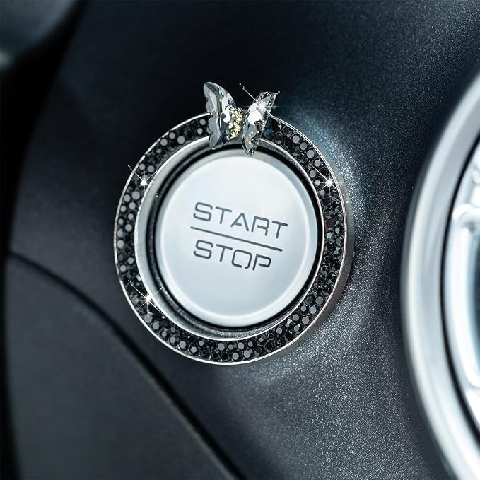 2PCS Bling Car Engine Start Stop Decoration Ring, Crystal Rhinestone Auto Push Start Button Ignition Ring Sticker, Vehicle Decor Accessories for Women Girls, Universal for Vehicles (Black)