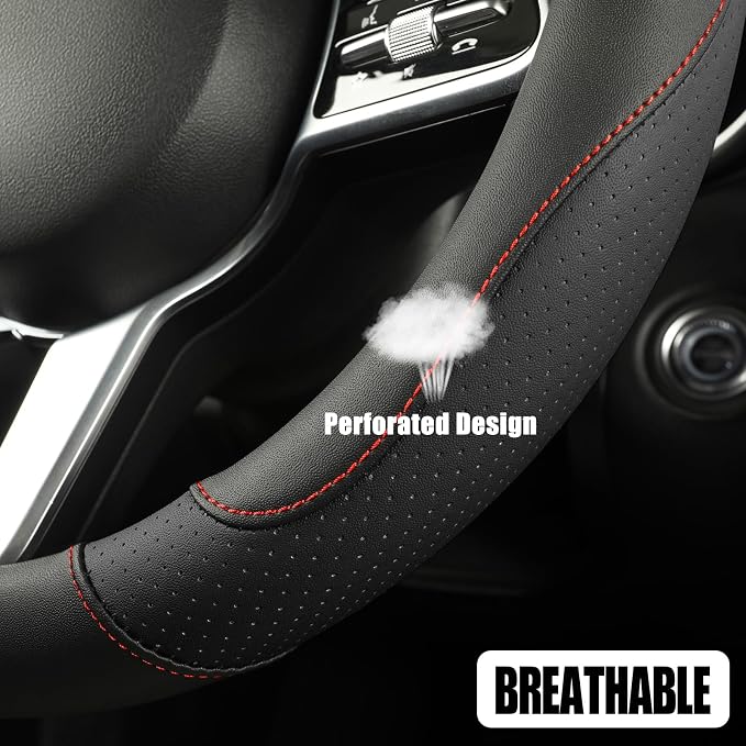 Black Breathable Microfiber Leather Steering Wheel Cover | Breathable Anti Slip Grip Cool Sporty Look Glow for Women Men