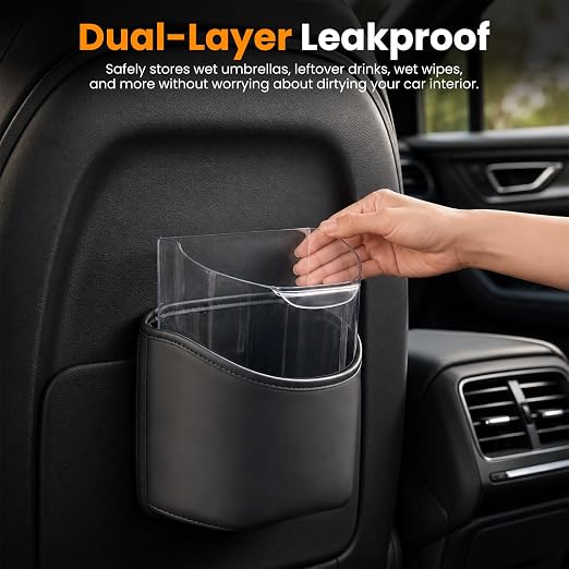 Car Trash Can,Double-Layer Car Grabage Can with Hanging Clips,Leakproof Leather Automotive Trash Bin,Portable & Multi-Purpose Vehicle Garbage Cans for SUV,Truck,Cars Door & Seatback (Black)