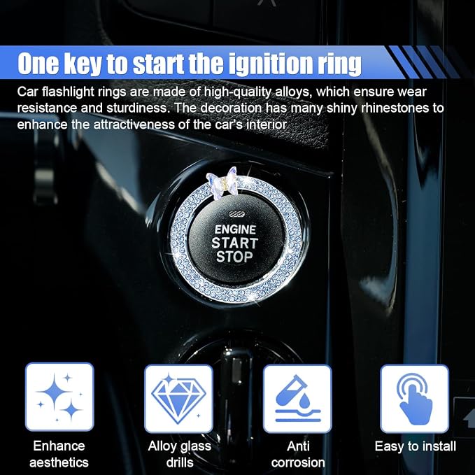 Bling Butterfly Car Engine Push Start Button Ring Sticker (Blue) | Crystal Rhinestone Auto Key Ignition Knob Ring Emblem, Sparkling Auto Interior Decoration Accessories for Women