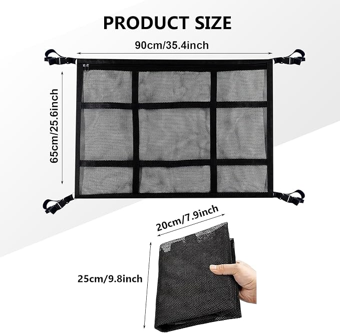 Car Ceiling Cargo Net Double Layer Mesh Organizer | 35.43"x25.59" Auto Roof Storage with Reinforced Buckle Fastener, Universal Camping Essentials for Cars, Vans, SUVs