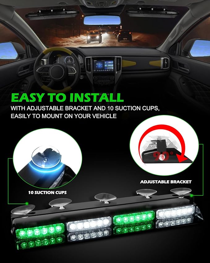 HLauto 604N Emergency Dash Strobe Lights: 2x16.8 inch Green White Security Light with/Take Down, 48 LED Safety Flashing Warning Hazard Interior Windshield Light Bar for Trucks Vehicles