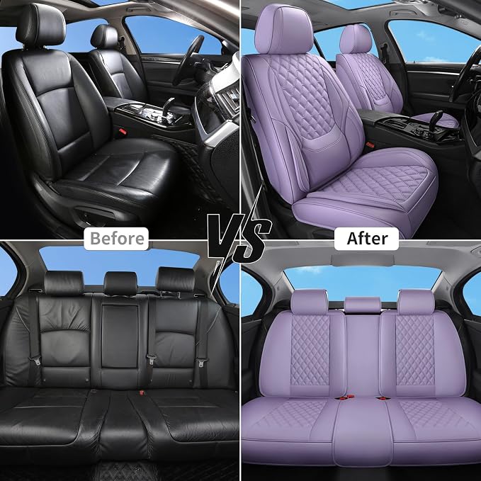 Car Seat Covers Full Set,5 Seat Leather Seat Covers for Cars,Front Seats and Back Seat Cover,Waterproof Car Seat Cushion Protectors,Universal Fit for Most Cars SUV Trucks (Purple, Full Set)