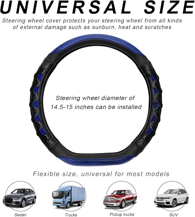 Car Steering Wheel Cover, 15 Inches Leather Comfy Grip Steering Wheel Protector with 3D Honeycomb, Anti-Slip D-Shaped Wheel Wrap Cover for Most Vehicles, Car Accessories (Blue)
