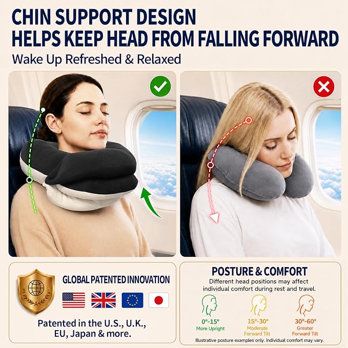 BUYUE Travel Neck Pillows for Airplanes, Memory Foam 360° Head Support Sleep for Long Flight, Skin-Friendly & Breathable, Kit with Eye Mask, Earplugs and Storage Bag (Adult, Black, 90+ lbs)