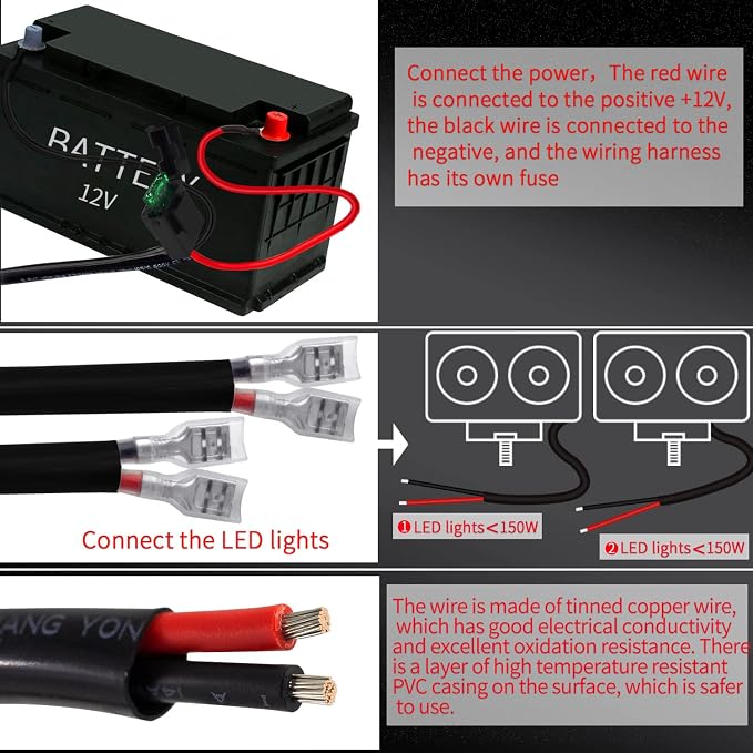 LED Lights Bar Wiring Harness Kit 2 Leads DC12V On-Off Switch Power Relay Blade Fuse 14AWG Core Cable Wiring Harness Kit fit for LED Driving Lights Bar Work Auxiliary Lights