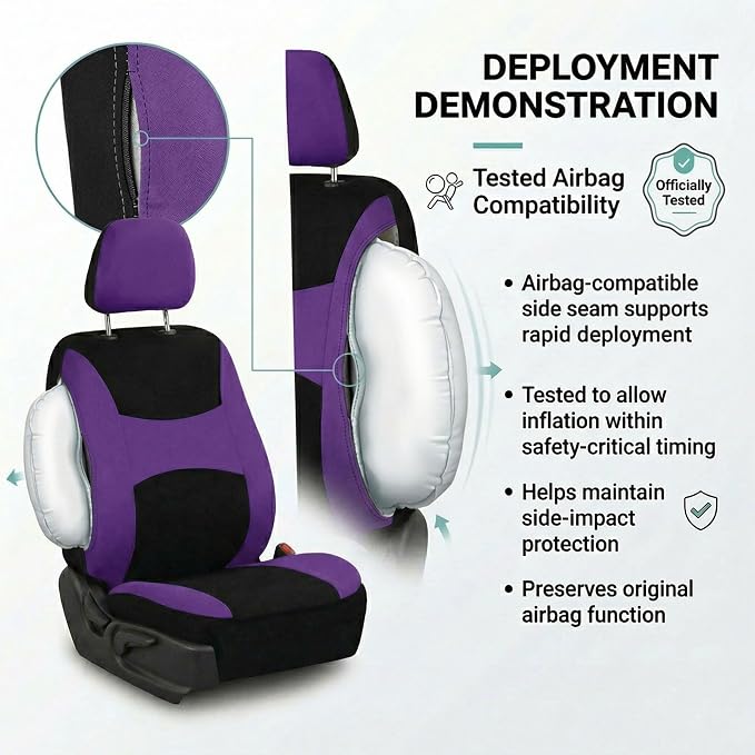 FH Group Automotive Seat Covers Light & Breezy Flat Cloth Seat Cover Three Row Set Purple, Airbag and Split Rear Car Seat Cover Universal Fit Interior Accessories Cars Trucks SUV Car Accessories