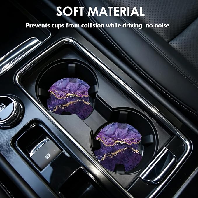 2 Pack Car Coasters，2.75-inch Neoprene Non-Slip Cup Holder Coasters for Car，Cute Car Interior Accessories for Men and Women，Purple Marble