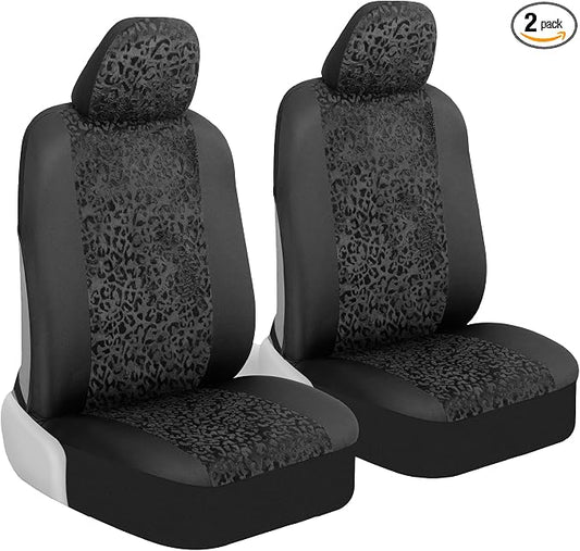 BDK Black Leopard Car Seat Covers for Front Seats, Animal Print Front Seat Cover Set with Matching Headrest, Sideless Design for Easy Installation, Fits Most Car Truck Van and SUV, (Pack of 2)