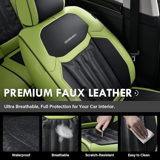 Coverado Car Front Seat Covers, Waterproof Leather 2 Pack Car Seat Covers, Seat Covers Automotive Seat Protector Universal Fit for Most Cars(Front, Green&Black)