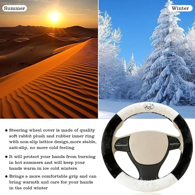Camellia Flower Plush Steering Wheel Cover, Universal 14.5-15 Inch Winter Plush Warm Steering Wheel Cover, Soft Fluffy, Anti-Slip Design, Soft Texture (Black+White)