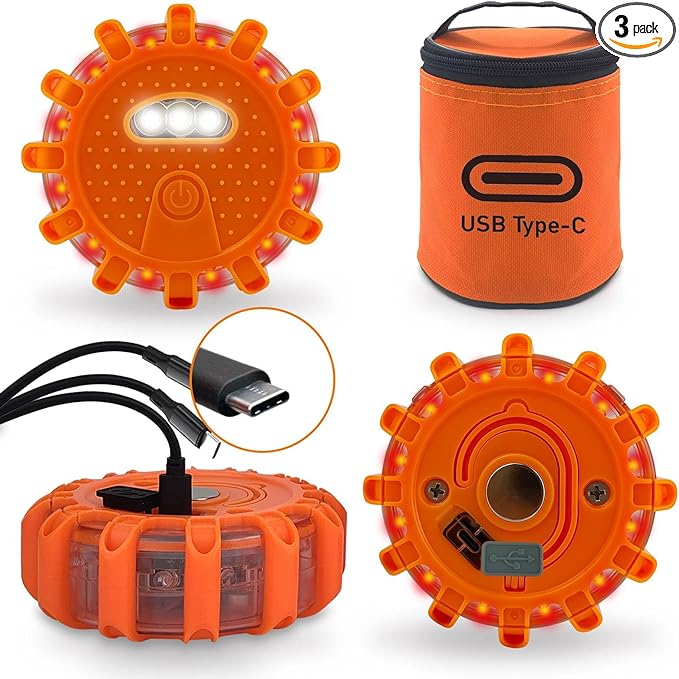 Ecoangel USB-C Rechargeable LED Road Flares Emergency Lights 3 in 1 Cable Roadside Warning Car Safety Beacon Flashing Disc Flare Kit with Magnetic Base for Vehicles