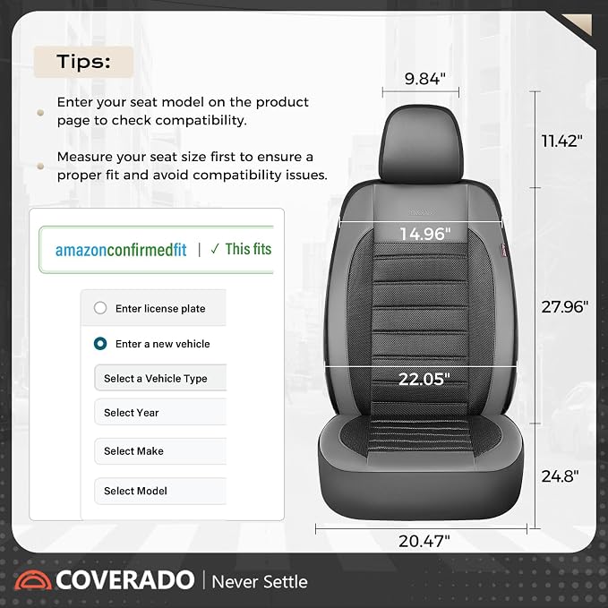 Coverado Car Seat Covers Front Seats, Luxury Leather Car Seat Covers, Automotive Mesh Seat Covers 2 Pack, Airbag-Compatible, Black Gray Seat Covers for SUV Sedan Truck