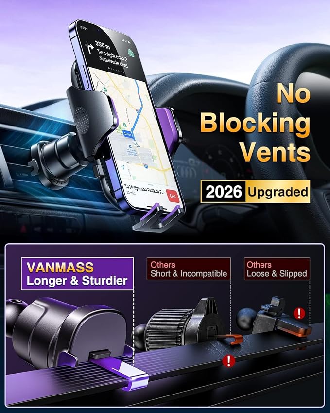 VANMASS [True Military-Grade] Car Phone Holder [Upgraded Suction & Clip] Cell Phone Mount for Dashboard Windshield Vent Truck Cradle Dash Stand for iPhone 16 Pro Max 15 14 13 12 Android, Purple