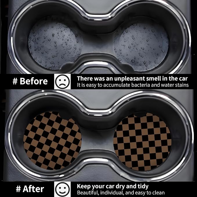 Khaki Checkered Car Coasters for Cup Holder Absorbent Ceramic Cup Coaster 2 Pack Anti Slip Car Interior Accessories with Finger Notch Cork Base for Women Men 2.56"
