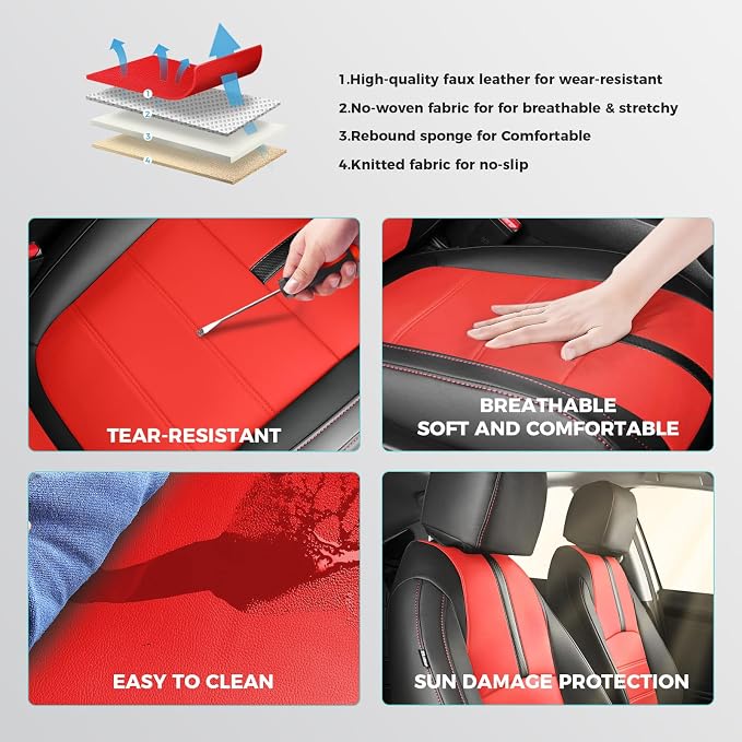Seat Covers for Honda Civic Sedan EX-L, EX-T, EX, Touring, Sport 2016-2021, Faux Leather Car Seats Cover Full Set Waterproof Black Red (60/40 Split Seatback-with Rear Armrest)