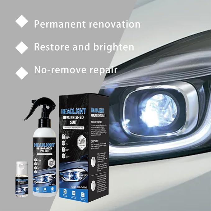 Headlight Restoration Kit, Removes Oxidation & Yellowing, UV Coating | 180ml polish + 10ml ceramic coating, sponge & towel; for cars, trucks, SUVs, motorcycles; long-lasting UV protection