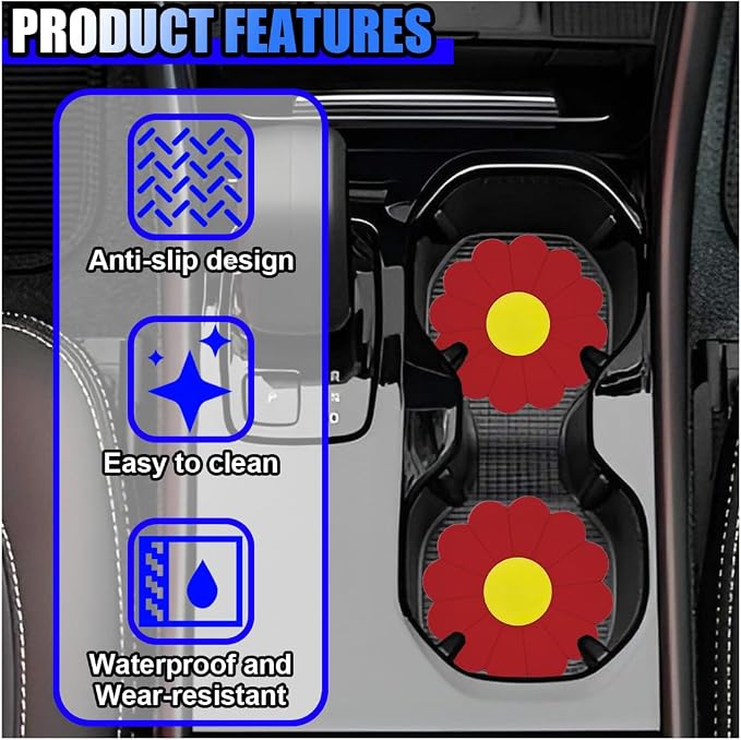 2PCS Car Cup Coaster, Flower Shaped Silicone Non-Slip Vehicle Drink Holder Insert Mat, Universal 2.75 Inch Waterproof Automotive Interior Decoration Beverage Pad Accessories (Red)