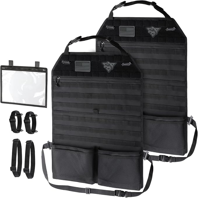 WYNEX Molle Seat Back Car Organizer Fit Most Car F150 Jeeps Pickups Trucks | 26.4x16.1" Backseat Storage Cover, Truck Seat Back Protector, Sling Rack, Visual Pocket & Wolf Patch for Road Trips