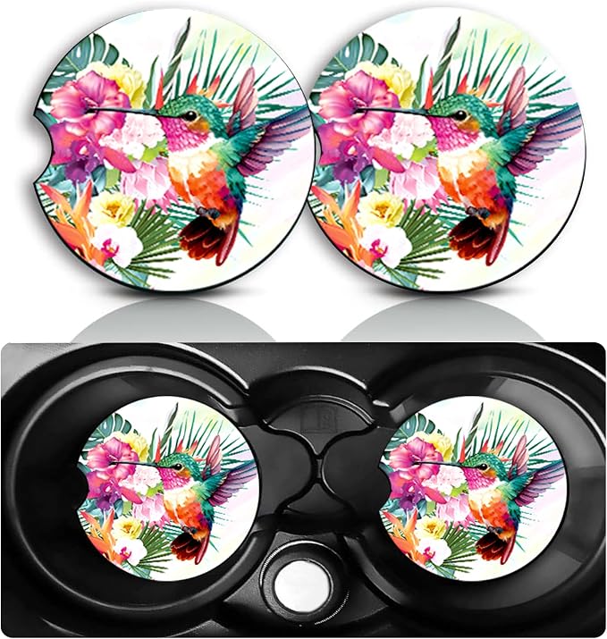 Hummingbird Car Cup Holder Coasters Set of 2 – Fun Hummingbird Car Accessories 2.75" Universal Size Anti Slip Rubber Mat Recessed Auto Insert Coasters Decor Hummingbirds Gifts for Women Men Dad