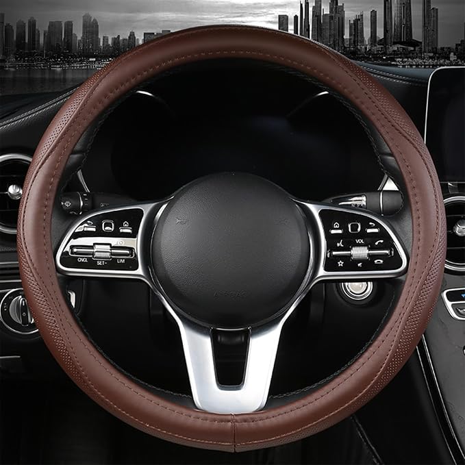 Genuine Leather Steering Wheel Cover, Real Cowhide for 14.5-16 Inch Steering Wheels, Universal Fit for Cars and Trucks (Brown, 16inch)