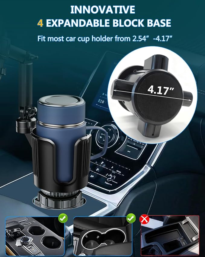 Cup Phone Holder for Car Cup Holder with Expandable Base, Detachable Dual Cellphone Holder Cupholder Car Mount with Long Arm Universal Fit iPhone and Large Bottle, for Truck SUV
