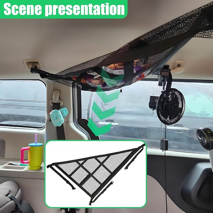 Double-Layer Car Ceiling Cargo Net, 31.49" x 20.86" Auto Roof Mesh Storage Pocket with Adjustable Buckle, 3 & 4-Handle Vehicle Interior Organizer Bag for Road Trips and Camping (Black)