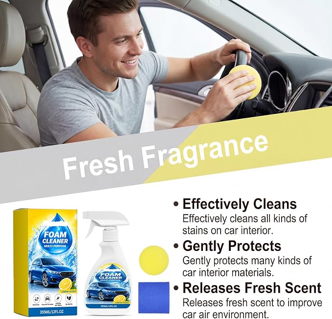 Car Interior Cleaner Foam with Sponge & Microfiber Towel, Deep Cleaning Auto Detailing Spray for Dashboard, Leather, Vinyl, Plastic, Carpet & Upholstery, Fast Stain Removal, Quick Drying, Lemon Scent