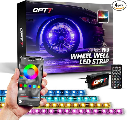 OPT7 Aura Pro RGB Wheel Well Lights for Cars with APP & Remote Control | Music Sync Lighting, 4PCS 24" Waterproof LED Strips, Multicolor Wheel Ring Accent Lights, Car Meet Accessories, 12V
