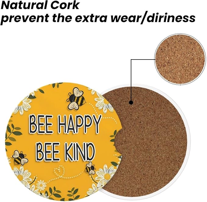 Bee Happy Bee Kind Daisy Absorbent Ceramic Car Coasters 2 Pack Round Insert Cupholder Coaster Car Cup Holder Mat with Finger Notch Anti-Slip Cork Base Reusable Drink Coasters 2.56 in