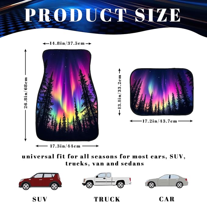 Aurora Car Floor Mats Colorful Northern Light Pine Forest Sky Carpet Front Rear Carpets Mat Decorative Car Floor Carpets Non-Slip Auto Car Accessories Universal Fit Car Accessories for Truck