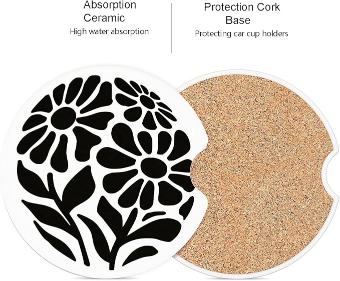 Ceramic Car Coasters – Absorbent Car Cup Holder Coaster Set for Women, Cute Aesthetic Car Accessories for Girls, 2 Pack (Onyx)
