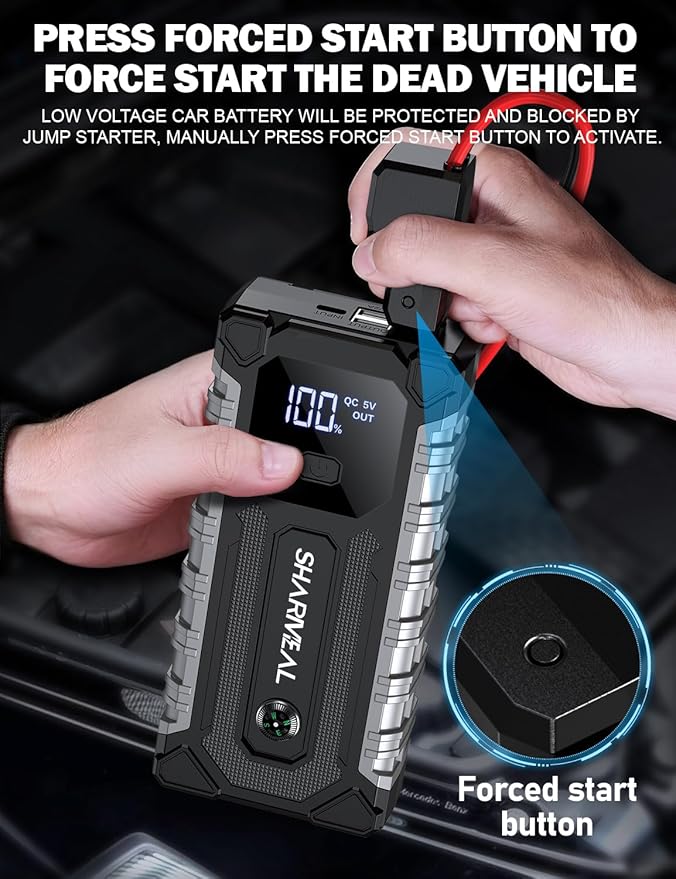 Sharmeal Car Jump Starter 6000A, Jump Starter Battery Pack for All Gas and 9.0L Diesel, 12V Portable Jump Box with LED Light
