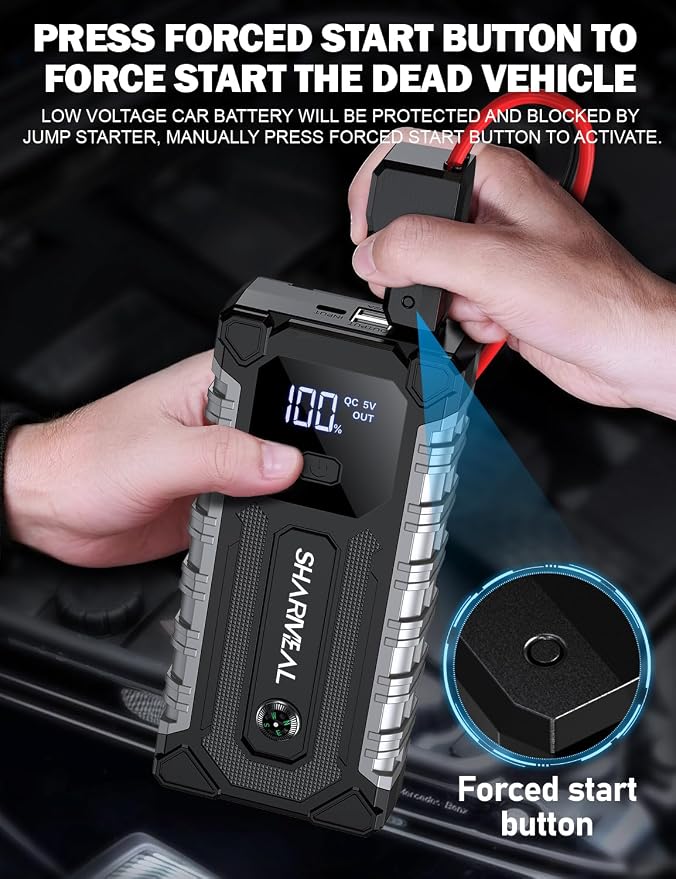 Sharmeal Car Jump Starter 6000A, Jump Starter Battery Pack for All Gas and 9.0L Diesel, 12V Portable Jump Box with LED Light