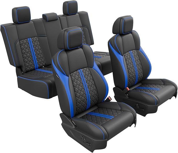 Custom Seat Covers for Tacoma 4th Gen 2024 2025 2026 Double Cab SR5/TRD Sport/TRD Off-Road/SR Full Set with Console Covers, Waterproof Leather Back and Front Seat Protectors Black Blue