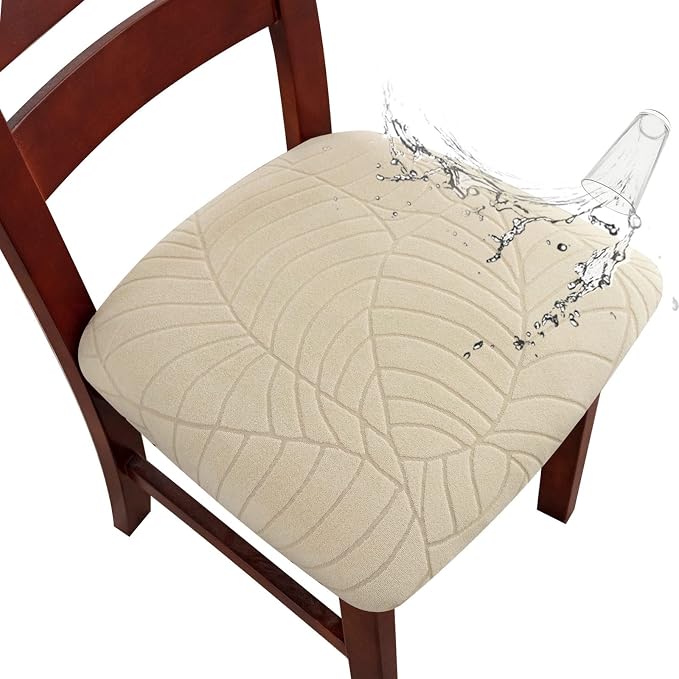 Genina Waterproof Seat Covers for Dining Room Chairs, Stretch Chair Covers Removable Washable Dinning Room Kitchen Chair Seat Cushion Slipcovers (Leaves-Beige, 2 PCS)