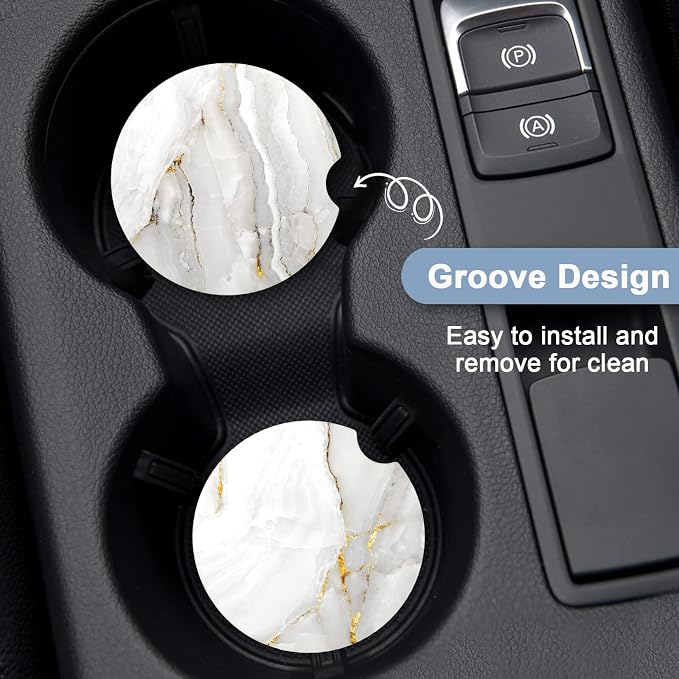 Nipichsha Car Coaster for Cup Holders, 2 Pack Absorbent Ceramic Car Cup Holder Coaster for Drinks, Cute Auto Assecories for Women, Universal Size 2.56 in with Finger Notch & Cork Base, White Marble