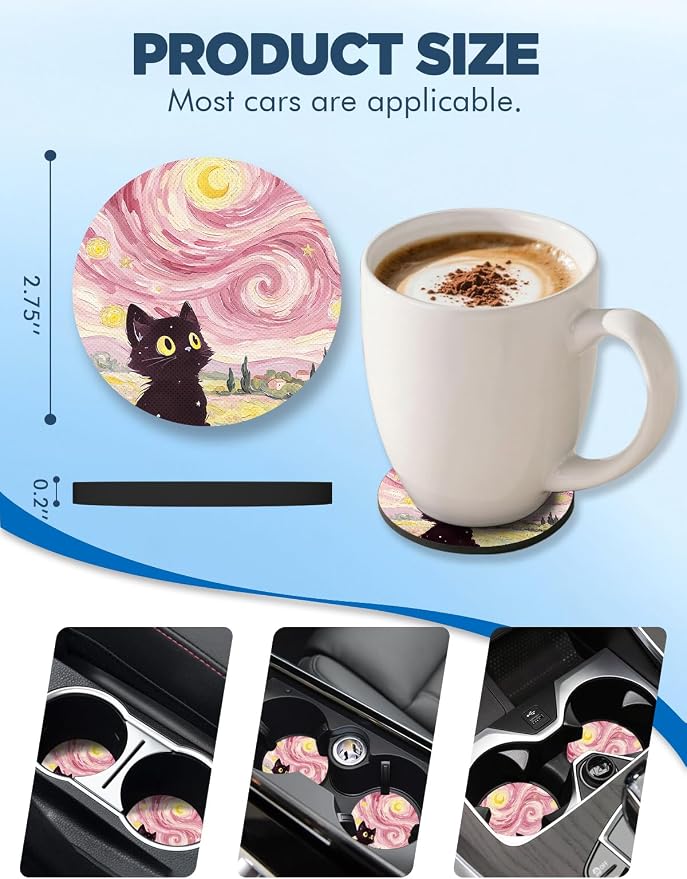 WOCOCN Car Coasters for Cup Holders - 2 Pack 2.75" Universal Rubber Car Cup Coaster, Non-Slip Waterproof Car Interior Accessories, Cute Car Decor Gifts for Women and Men (Pink Starry Sky Cat)