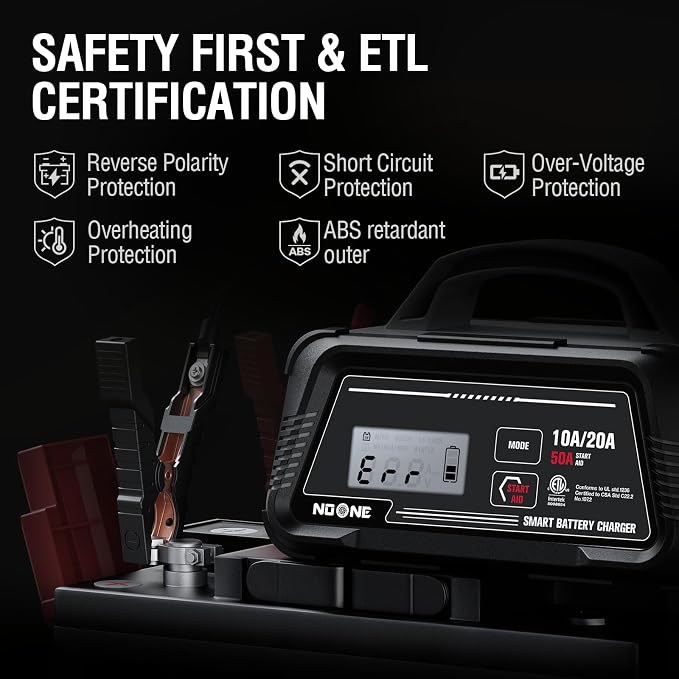 NOONE 10A/20A Smart Battery Charger - 12V/24V Fully Automatic Maintainer | with 50A Engine Start, Winter Mode, and Auto Repair - Car Trickle Charger for AGM, Gel, Deep Cycle & LiFePO4 Batteries