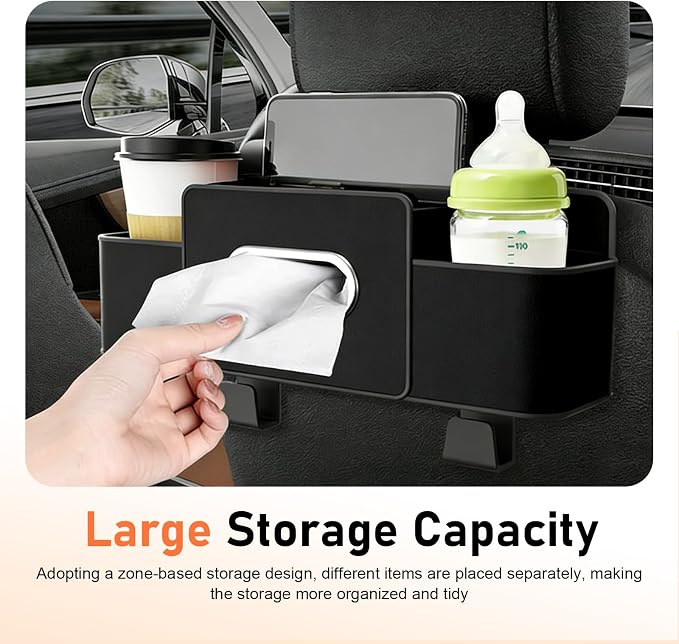 4-in-1 Back Seat Car Organizer, Leather Multifunctional Seat Back Storage with Phone Holder Tissue Box Cup Holders Hooks, Waterproof Hanging Organizer, Universal for Most Cars (Black)