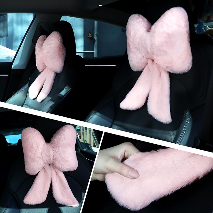 Macarrie 2 Pcs Pink Car Neck Pillow Plush Butterfly Bow Car Headrest Pillow Comfortable Seat Neck Support Cute Head Rest Accessories for Driving Travel Driver Chair Girl Interior Decor(Solid)