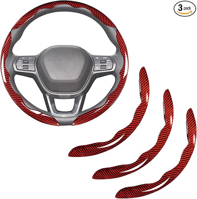 Carbon Fiber Steering Wheel Covers 3 Piece Clip on Steering Wheel Cover (Red)