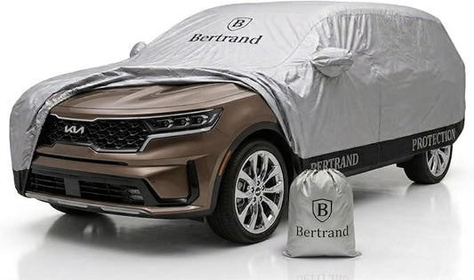 BERTRAND Heavy Duty SUV Car Cover Waterproof All Weather - Snow, Rain & UV Outdoor Protection | Cotton-Lined, Up to 10-Point Anchoring + Zipper Access | Mid-Large SUVs, Silver-Black (187x75, S2)