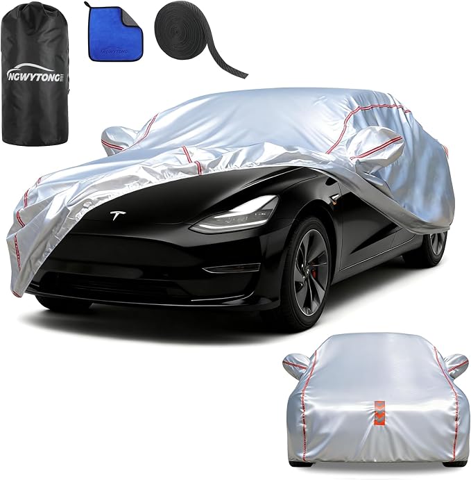 Waterproof All Weather Heavy Duty Vehicle Cover, 360° Underbody Wrap Windproof Design, Quick Install Outdoor Cover,（for Tesla Model 3 2017-2025）