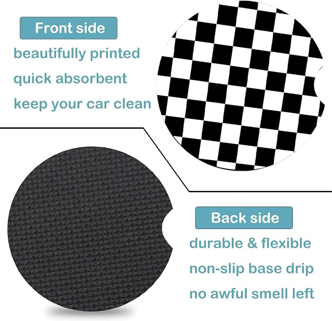 2 Pack Black and White Grid Car Cup Holder Coasters Universal Neoprene Mat | 2.75" Universal Size Anti Slip Rubber Mat,Auto Cup Holder Accessories for SUV Truck, Lattice Design Gifts for Women Men Mom