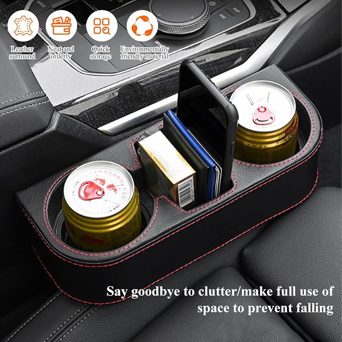 DXNQ Car Cup Holder Gap Filler Organizer, Multifunctional Auto Front Console Gap Filler with Cup Holder, Leather Extra Cup Holder Storage Box for Car Truck SUV, Car Accessories (Brown)