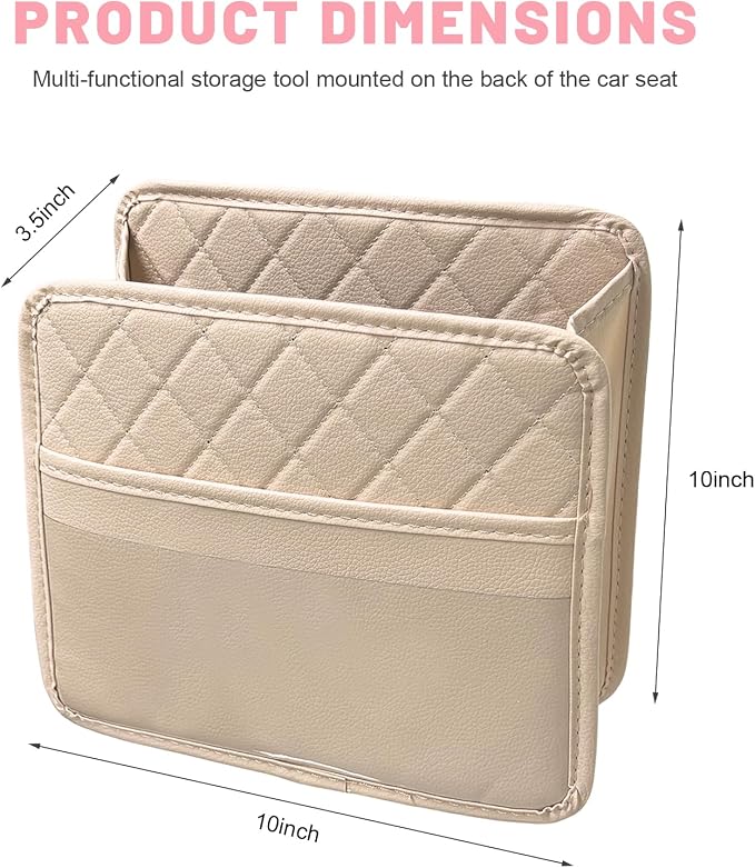 Car Seat Back Organizer, Waterproof Leather Auto Backseat Storage Pocket for Travel Essentials, Universal Multipurpose Backseat Hanging Storage Bag for Cars SUVs Trucks (Beige)