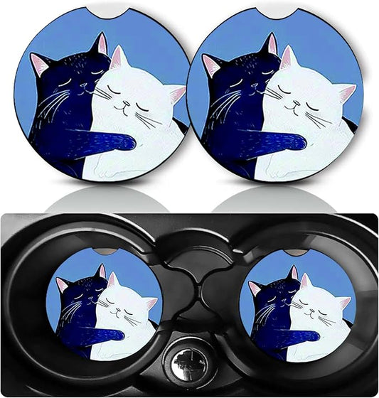 2PCS Intimate Cat Car Cup Holder Coasters Universal Anti-Slip Rubber Mat | Cat Auto Accessories Decor, 2.75" Car Coasters for Cup Holders with Finger Slot, Cats Mom Gifts for Women Men Pet Lovers