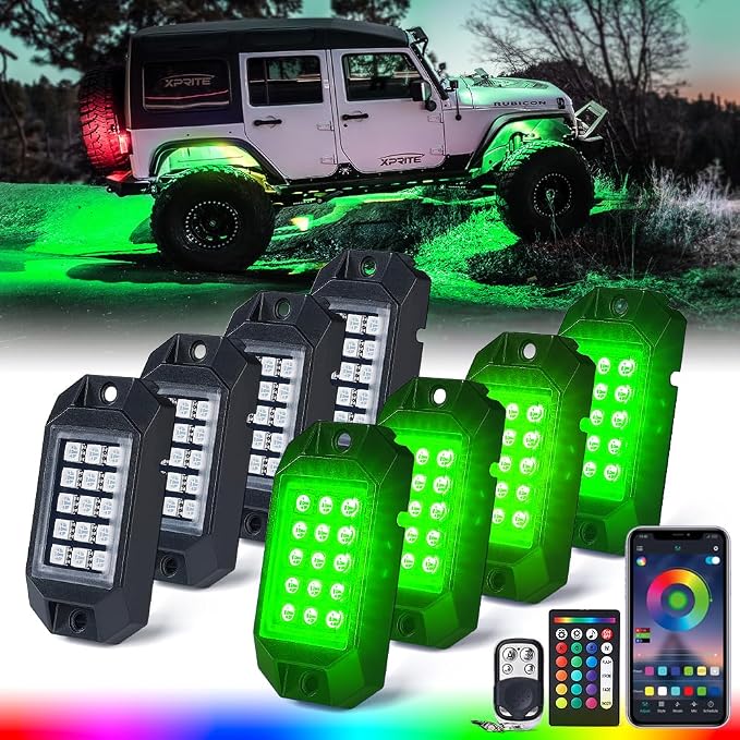 Xprite Bluetooth Rock Lights Kit, Multicolor Neon Lighting Cars Underglow Footwell Wheel Well Light Pods, w/RF Remote Controller for Off-Road, Trucks, UTV, ATV, SUV, RZR, Motorcycles, Boat 8 PCS